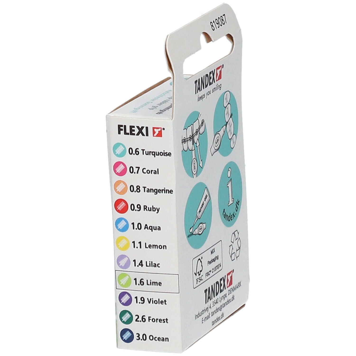 Côté de l'emballage TANDEX FLEXI® Interdentalbürste. Tableau de code couleur pour différentes tailles. Illustration du produit.