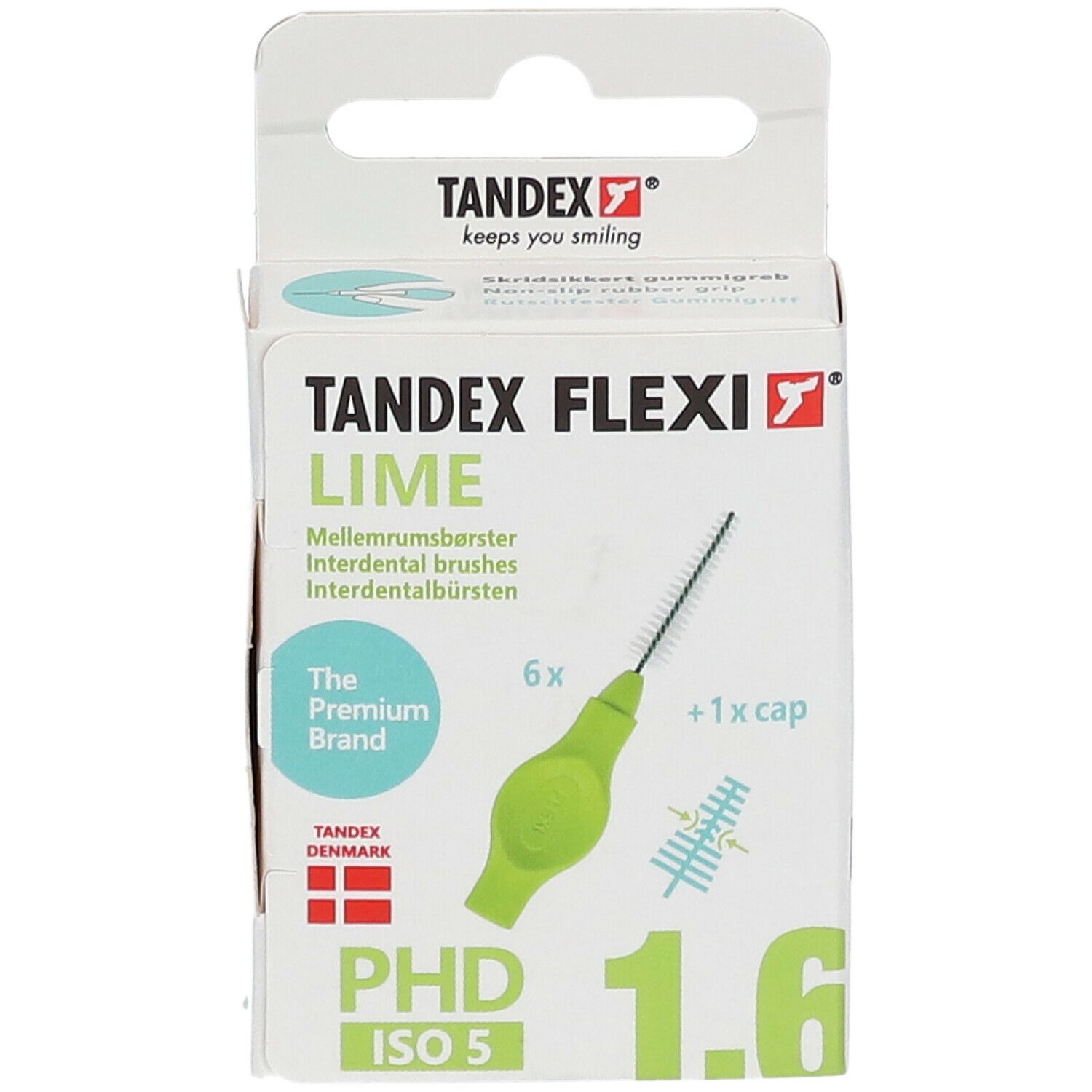 Emballage TANDEX FLEXI® Interdentalbürste. Vert, conique, 1,6 mm. 6 brosses + capuchon. PHD ISO 5. Marque et logo.