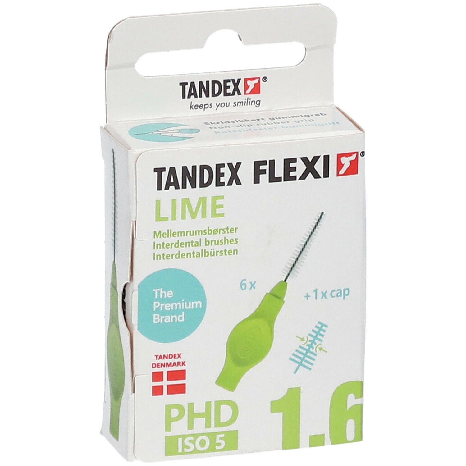 Emballage TANDEX FLEXI® Interdentalbürste. Vert, conique, 1,6 mm. 6 brosses + capuchon. PHD ISO 5. Marque et logo.
