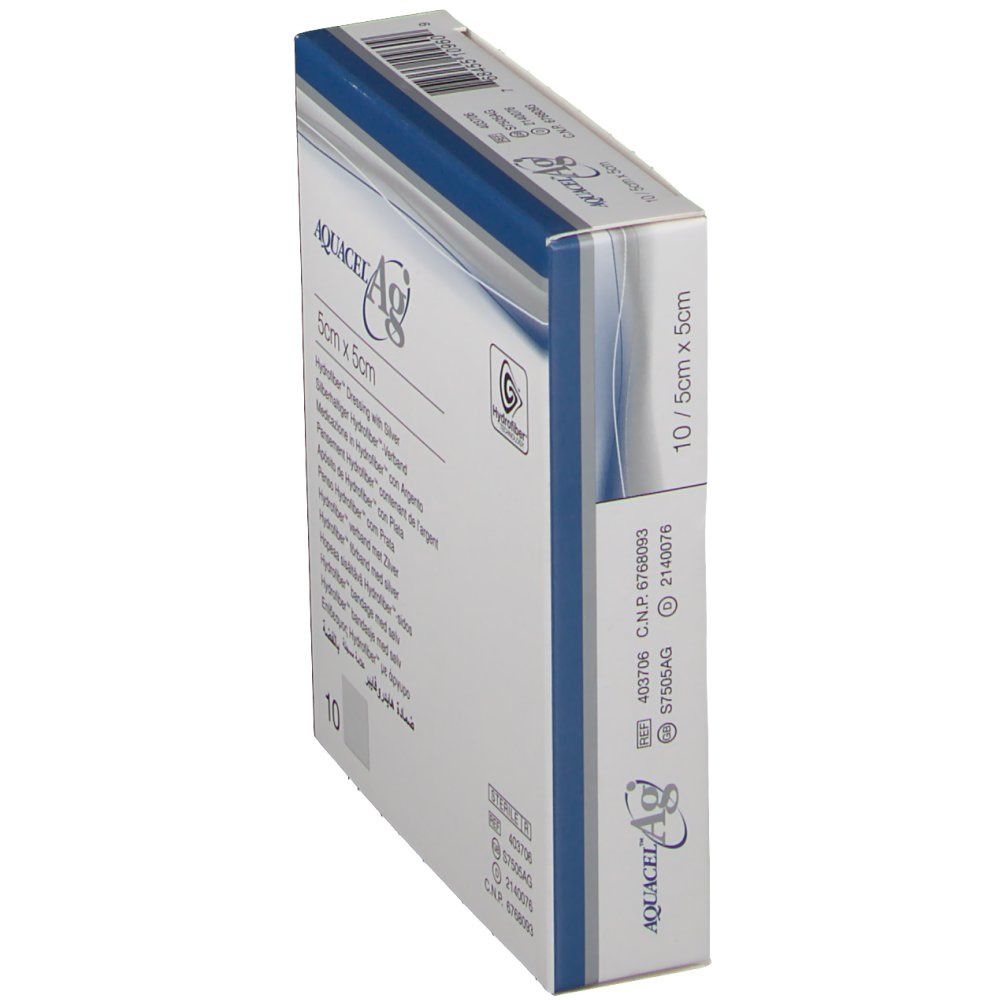 Seitenansicht der Aquacel Ag Hydrofiber-Verband-Verpackung. 5cm x 5cm. Mit Silber. Sterile Packung. 10 Stück.