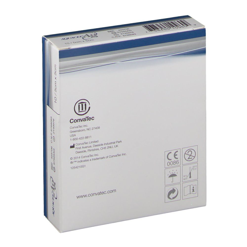 Rückseite der Aquacel Ag Hydrofiber-Verband-Verpackung. Herstellerinformationen, CE-Kennzeichnung, Symbole für Gebrauchsanweisung und Sterilität.