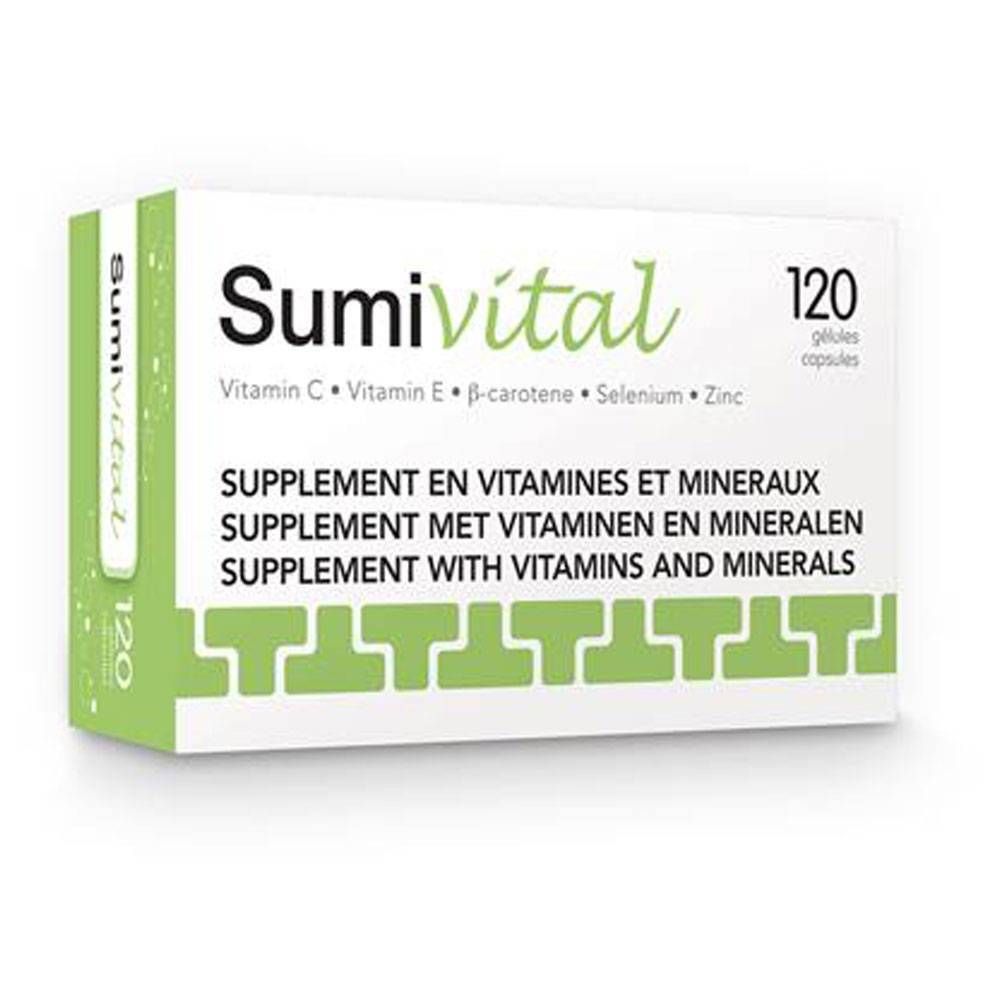 Boîte blanche Sumivital avec 120 gélules. Contient vitamine C, E, bêta-carotène, sélénium et zinc. Accents verts.