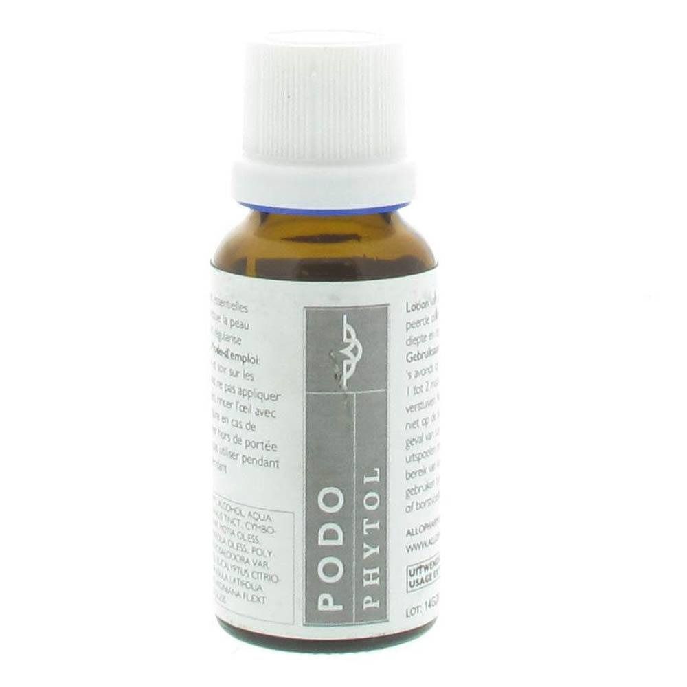 Bruine glazen fles met witte dop. Op het etiket staat "PODO PHYTOL".