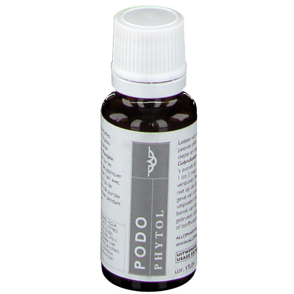 Bruine glazen fles met witte dop. Op het etiket staat "PODO PHYTOL".