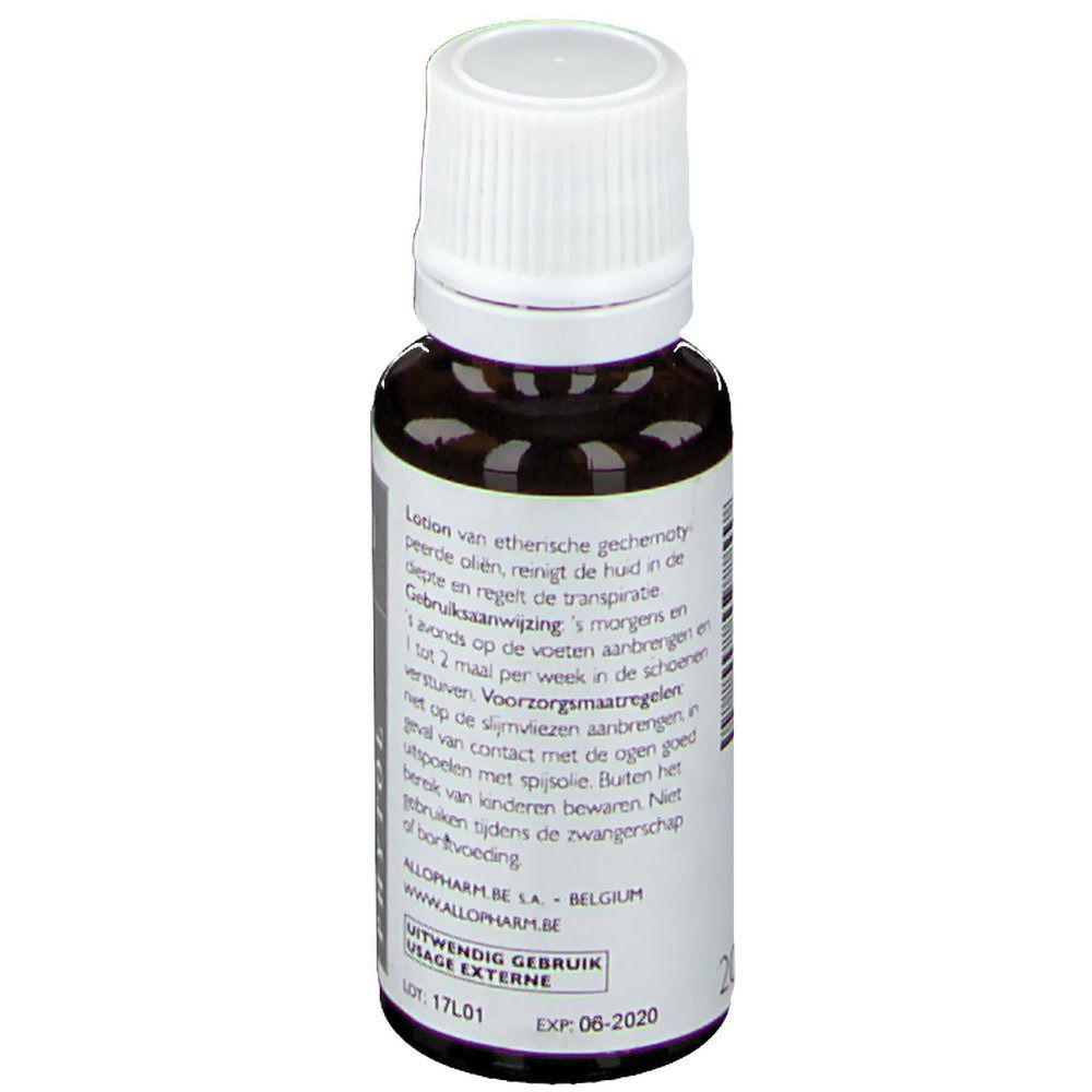 Bruine glazen fles met witte dop. Etiket met tekst en logo. Opschrift: ALLOPHARM.BE