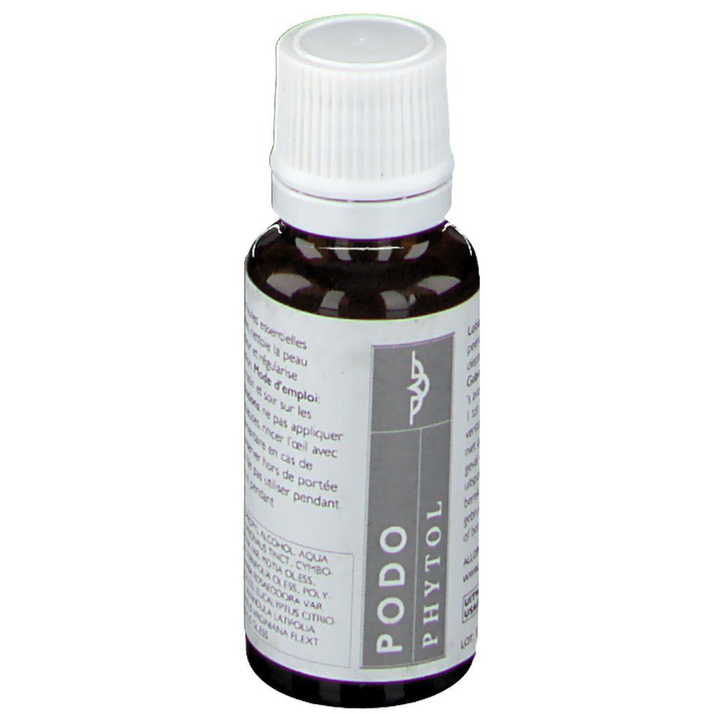 Bruine glazen fles met witte dop. Op het etiket staat "PODO PHYTOL".