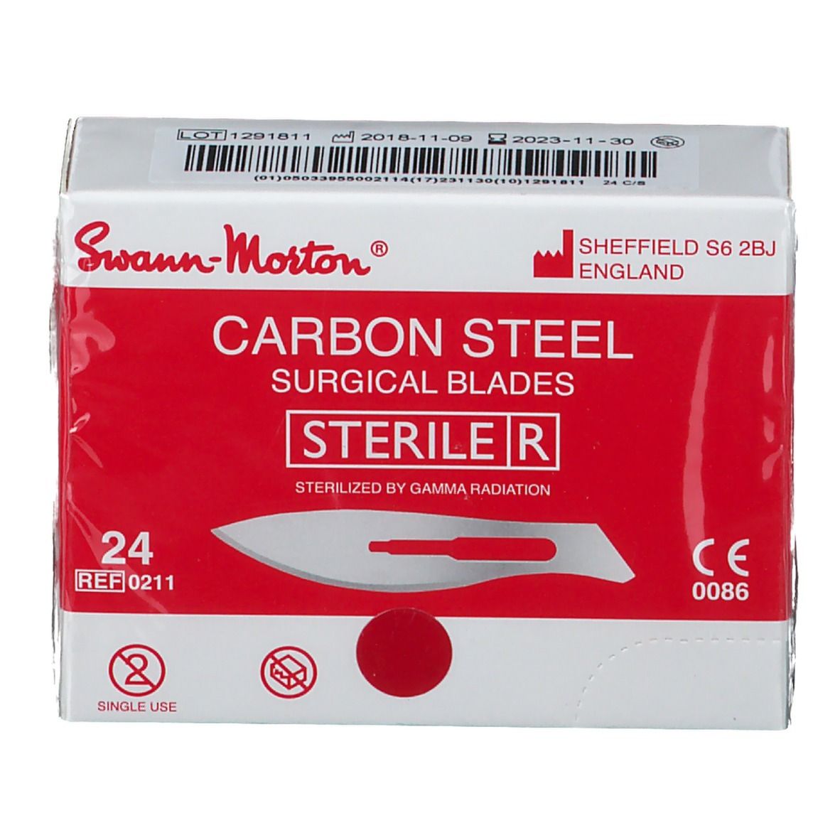 Boîte de 24 lames chirurgicales stériles Swann-Morton, acier au carbone, réf. 0211. Marquage CE.