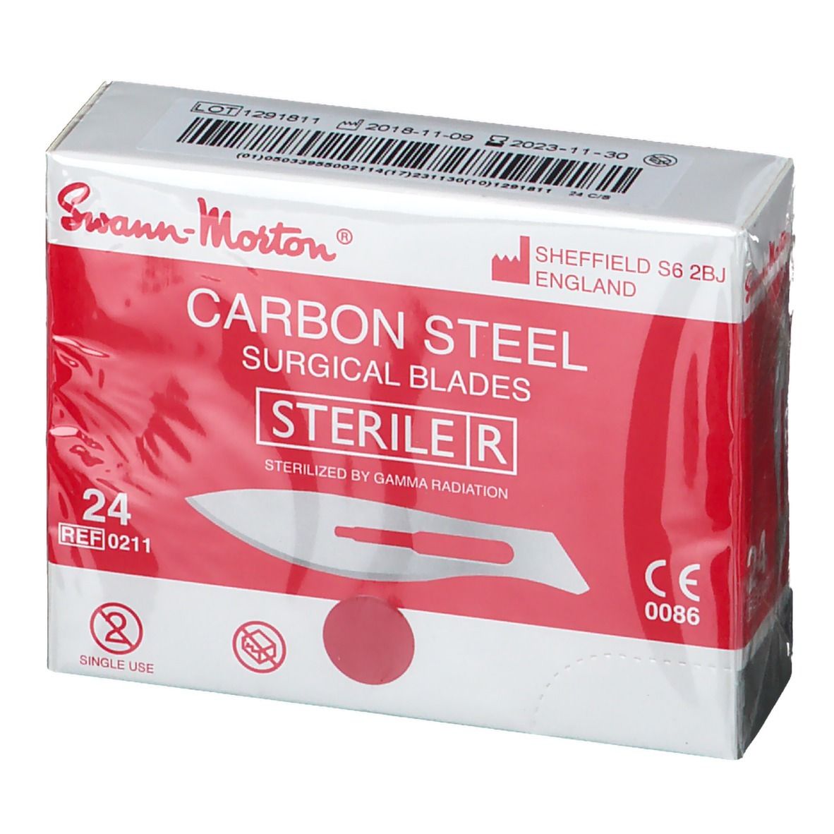 Boîte de 24 lames chirurgicales stériles Swann-Morton, acier au carbone, réf. 0211. Marquage CE.