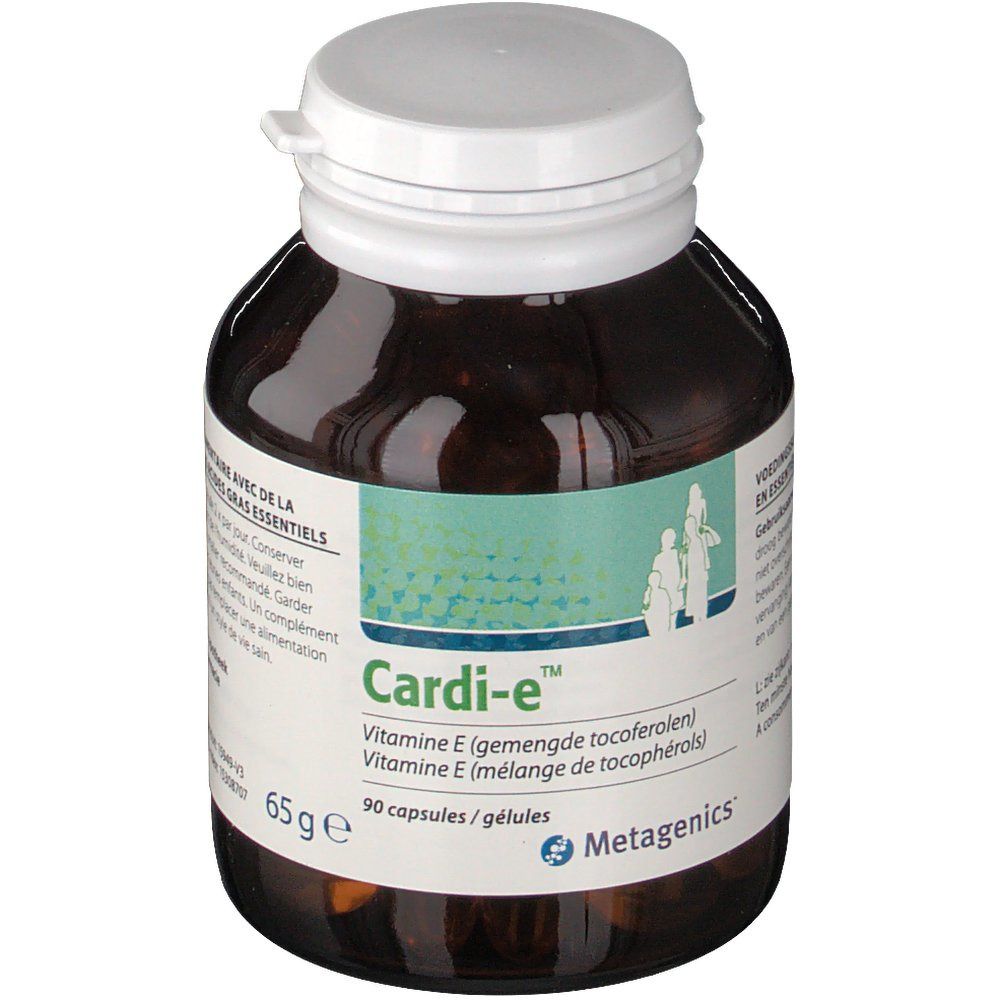 Flacon brun avec bouchon blanc. Inscription: Cardi-E, Vitamine E. Contient 90 gélules. Marque: Metagenics. Poids: 65g.