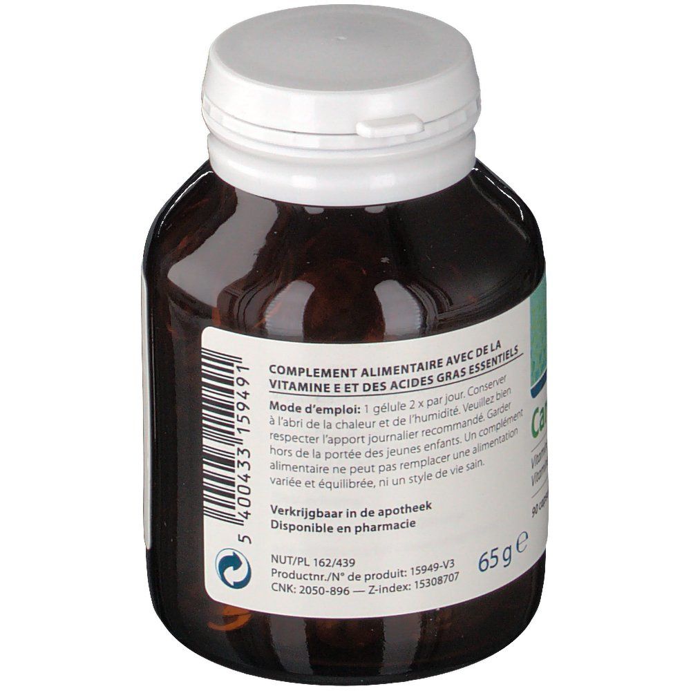 Dos du flacon. Texte: Complément alimentaire avec vitamine E et acides gras essentiels. Poids: 65g. Logo pharmacie.