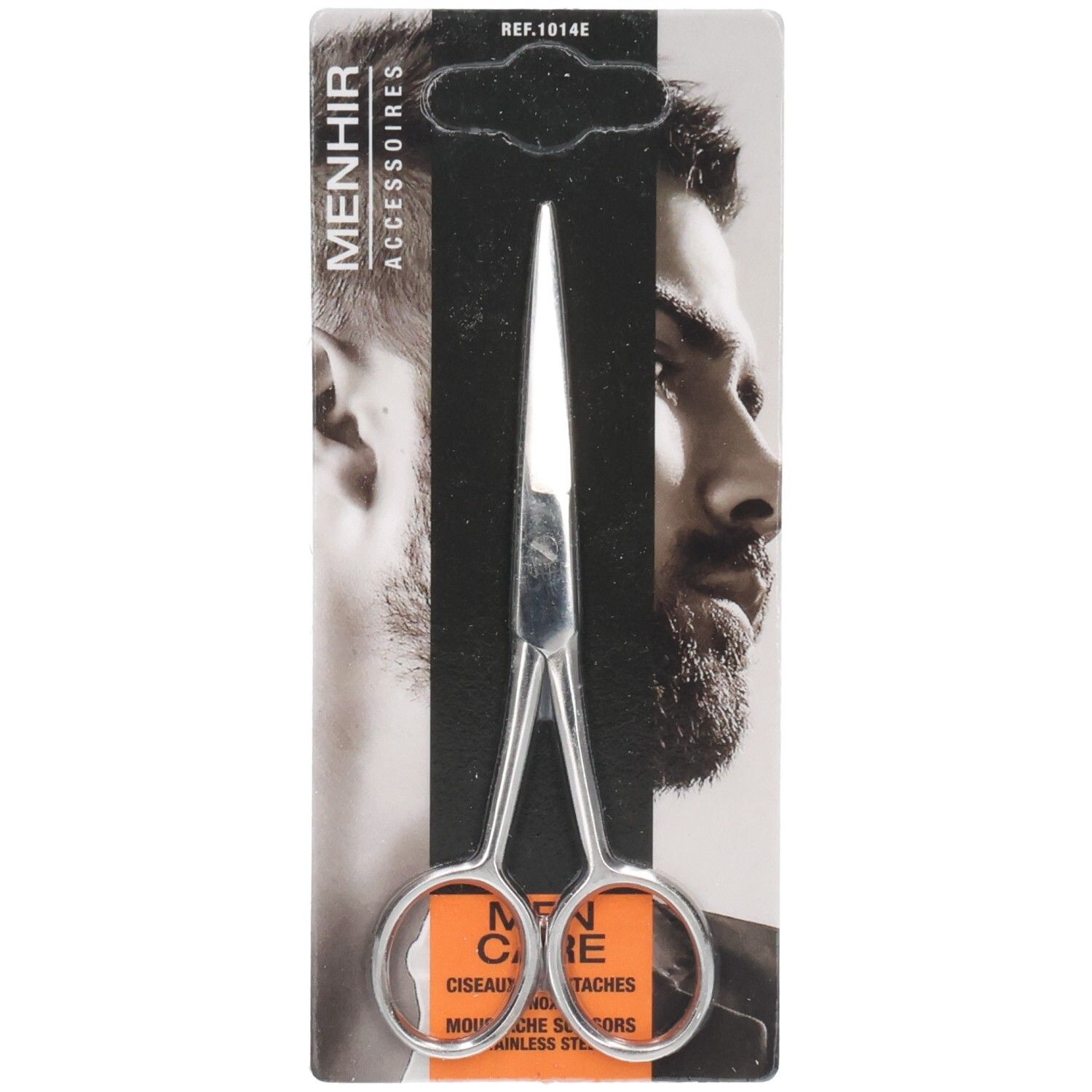 Silberne Bartschere in schwarzer Verpackung. Marke: Menhir Accessoires. Aufdruck: Men Care.