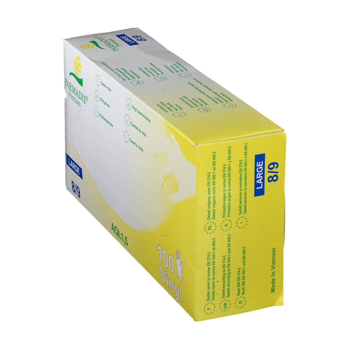 PARMADIS® Premium vinyl handschoenen, maat L 8/9, in verpakking, schuin. Geel-witte doos met productinfo en logo.