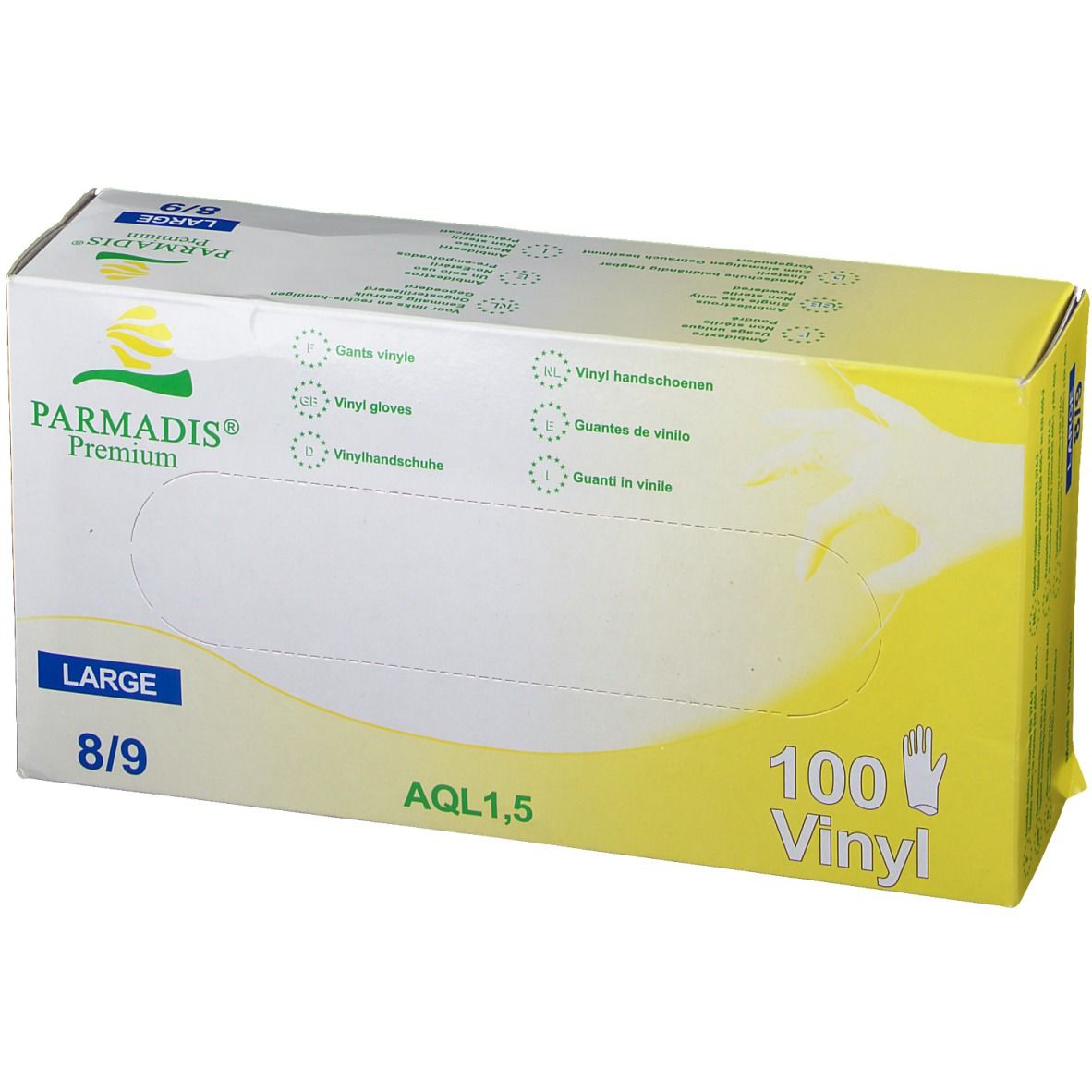 PARMADIS® Premium vinyl handschoenen, maat L 8/9, in verpakking. 100 stuks. Geel-witte doos met productinfo en logo.
