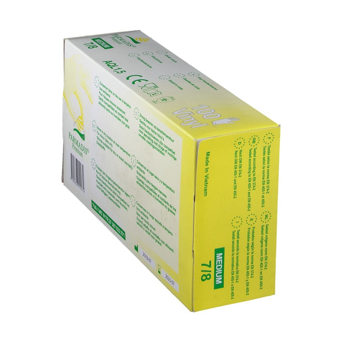 Verpakking PARMADIS® Premium vinyl handschoenen, maat M 7/8. Geel-wit. AQL 1.5. EN-normen.