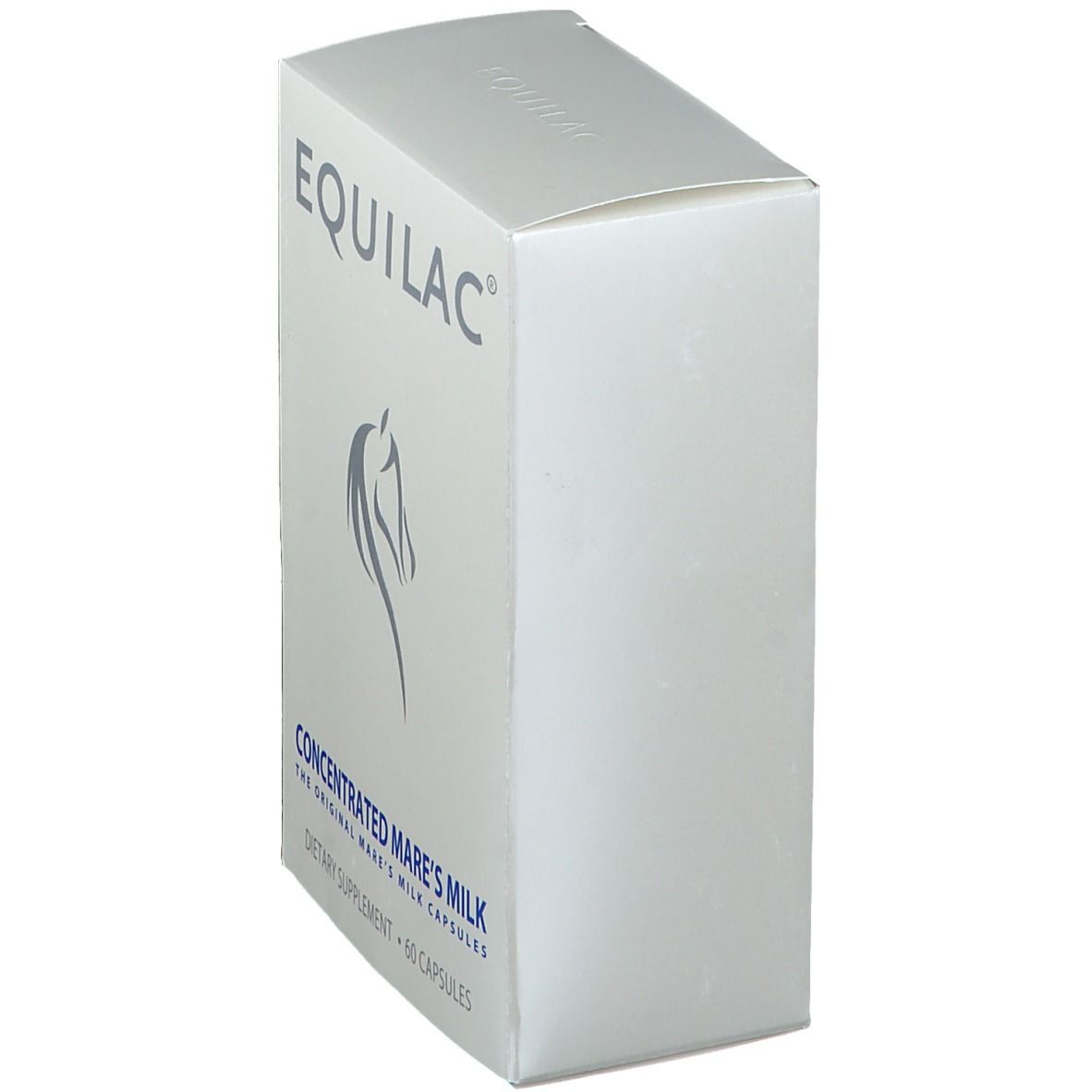 Boîte blanche avec logo "EQUILAC" et texte. Contient des gélules de lait de jument concentré. 60 gélules. Complément alimentaire.