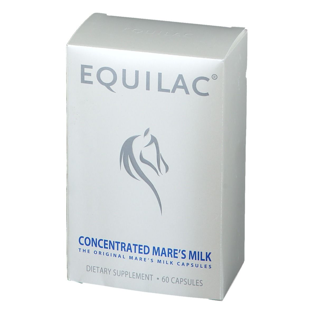 Boîte blanche avec logo "EQUILAC" et texte. Contient des gélules de lait de jument concentré. 60 gélules. Complément alimentaire.