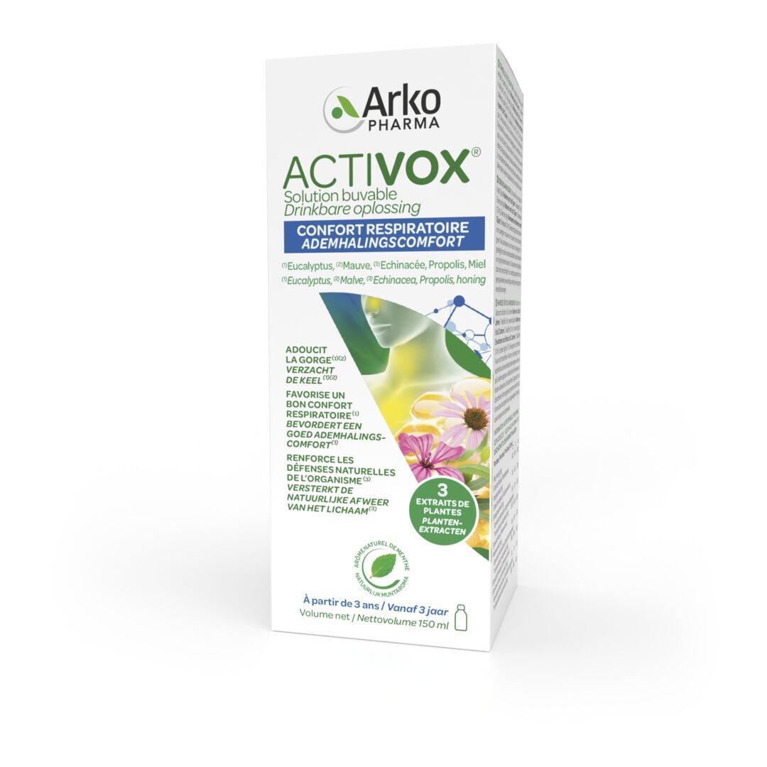 Emballage avec Activox et illustrations. Fond blanc.