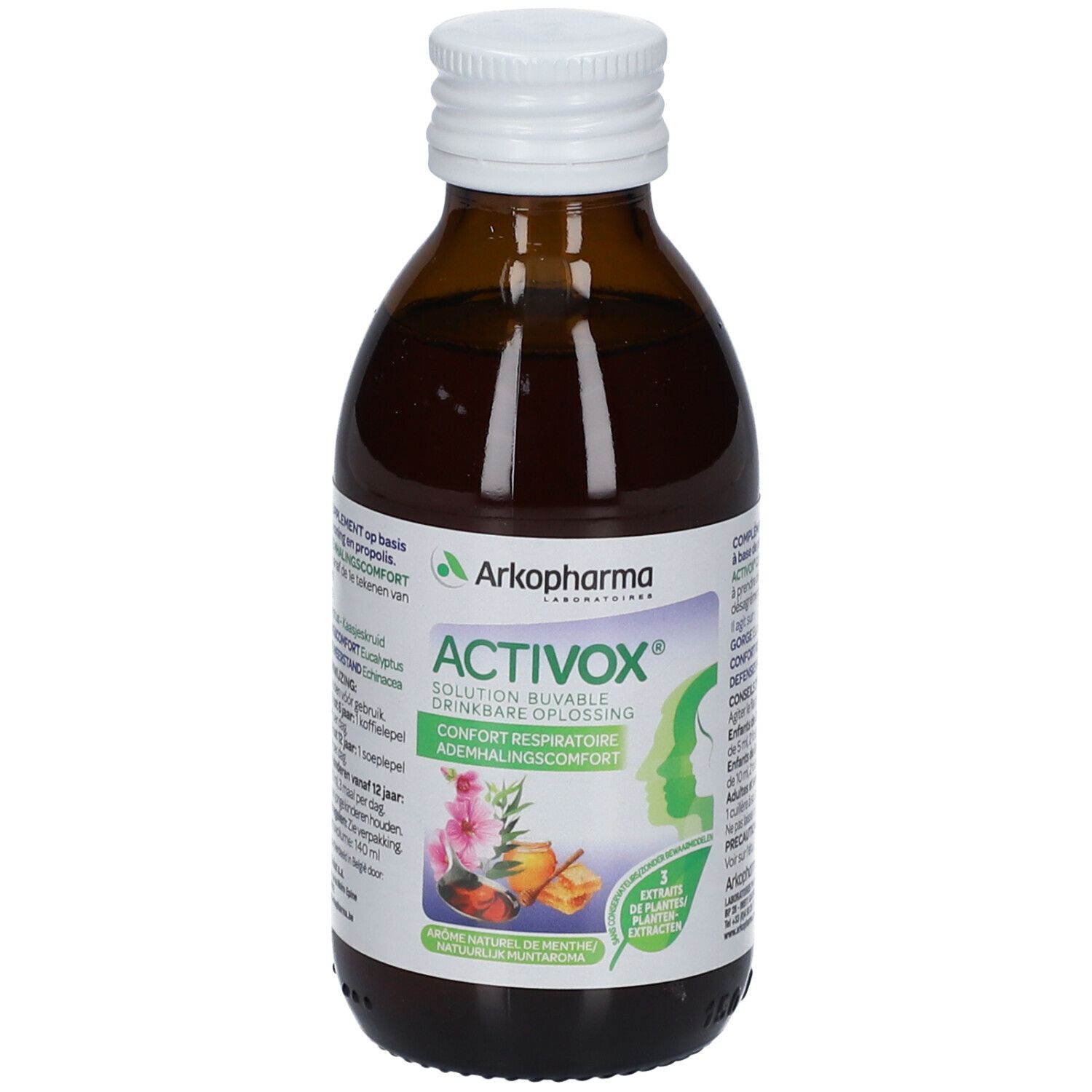 Flacon en verre brun avec bouchon blanc. Étiquette Activox, logo et illustrations. Solution buvable visible.