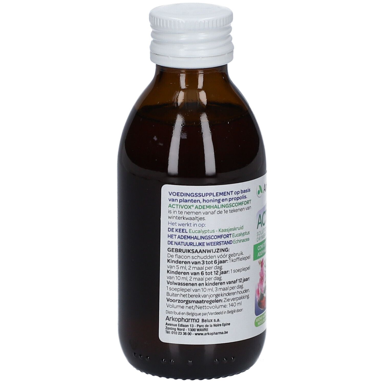 Dos d'un flacon en verre brun avec bouchon blanc. Étiquette avec informations produit et posologie.