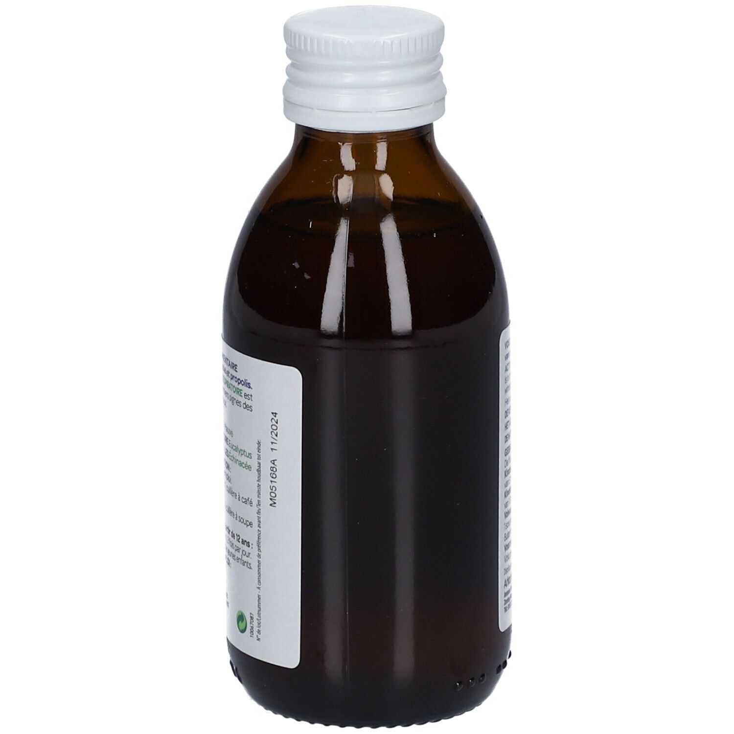 Flacon en verre brun avec bouchon blanc. Étiquette avec informations produit. Solution visible.