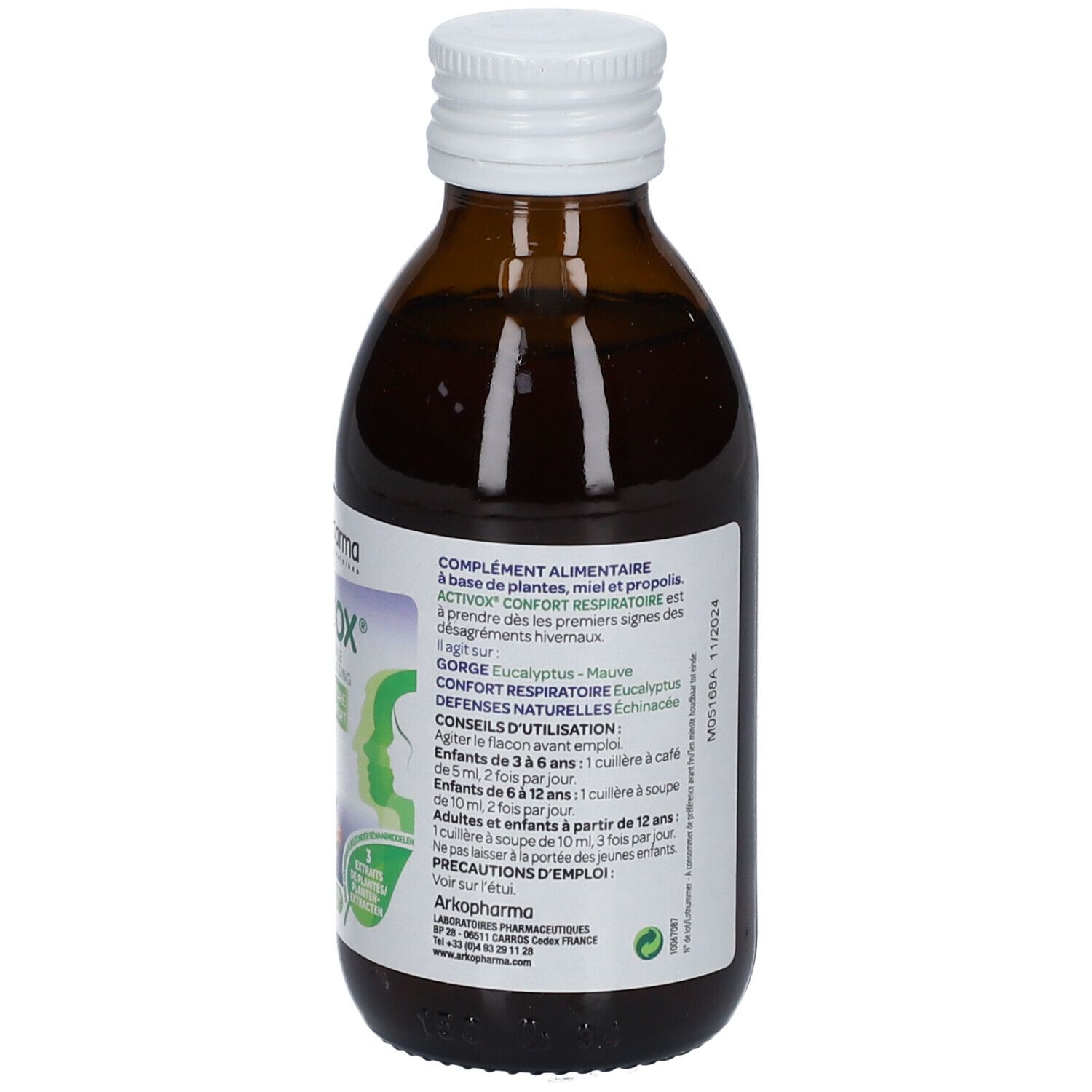 Flacon en verre brun avec bouchon blanc. Étiquette avec informations produit et posologie.
