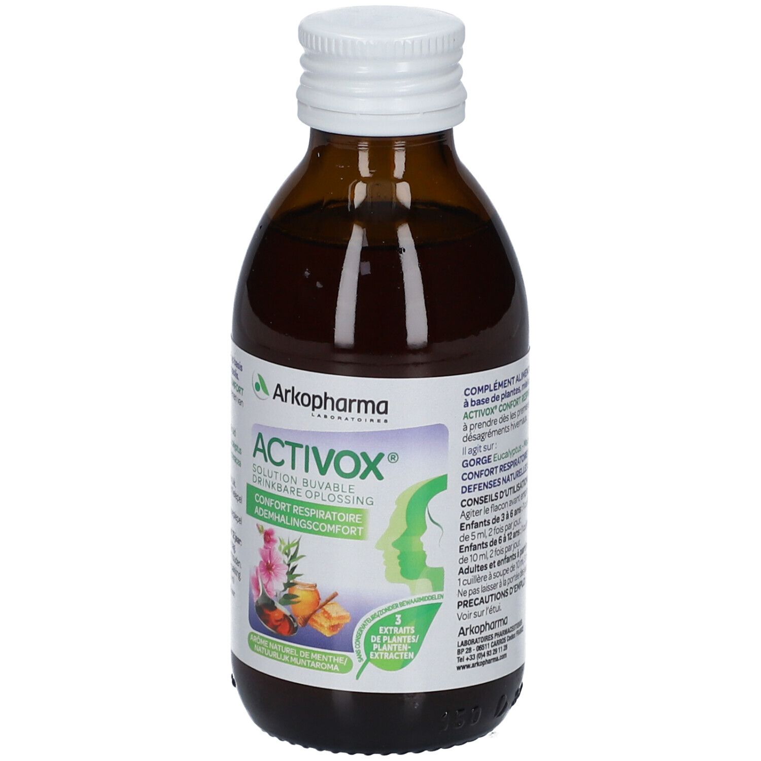 Flacon en verre brun avec bouchon blanc. Étiquette Activox, logo et illustrations. Solution buvable visible.