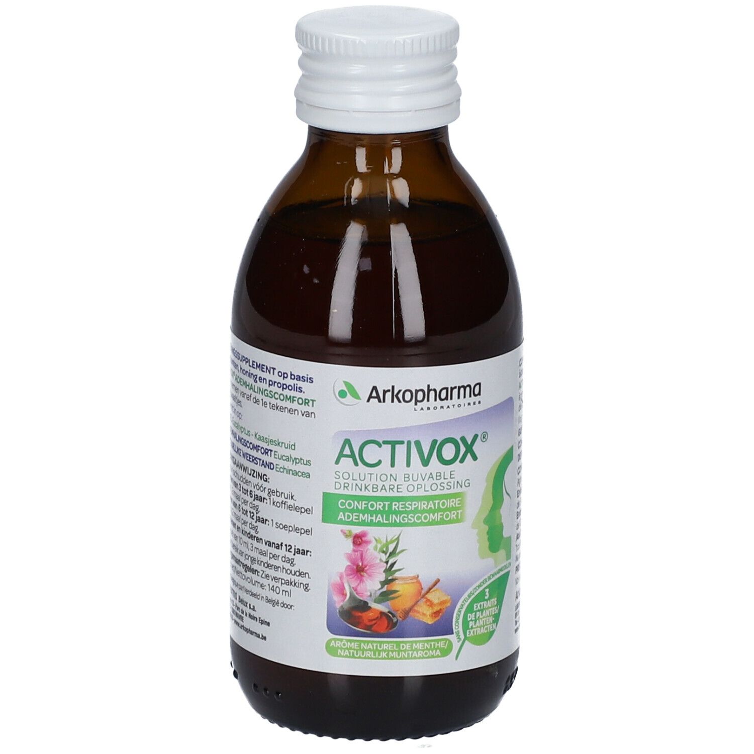 Flacon en verre brun avec bouchon blanc. Étiquette Activox, logo et illustrations. Solution buvable visible.