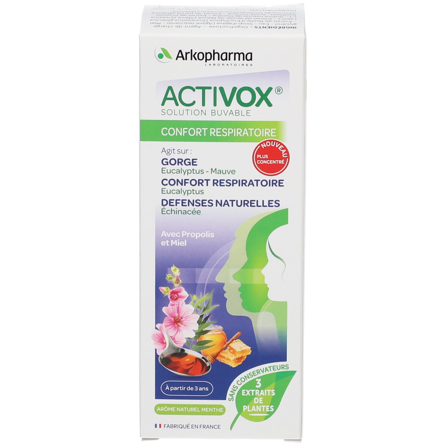 Emballage avec Activox et illustrations. Fond blanc.