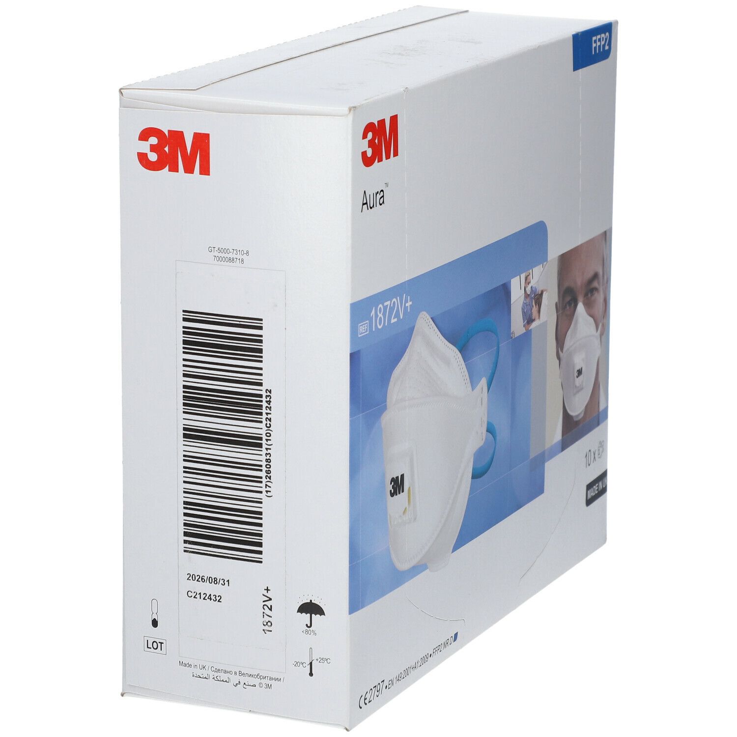 Boîte blanche avec logo 3M et image du produit. Inscriptions : Aura, FFP2, 1872V+, 10 pièces.
