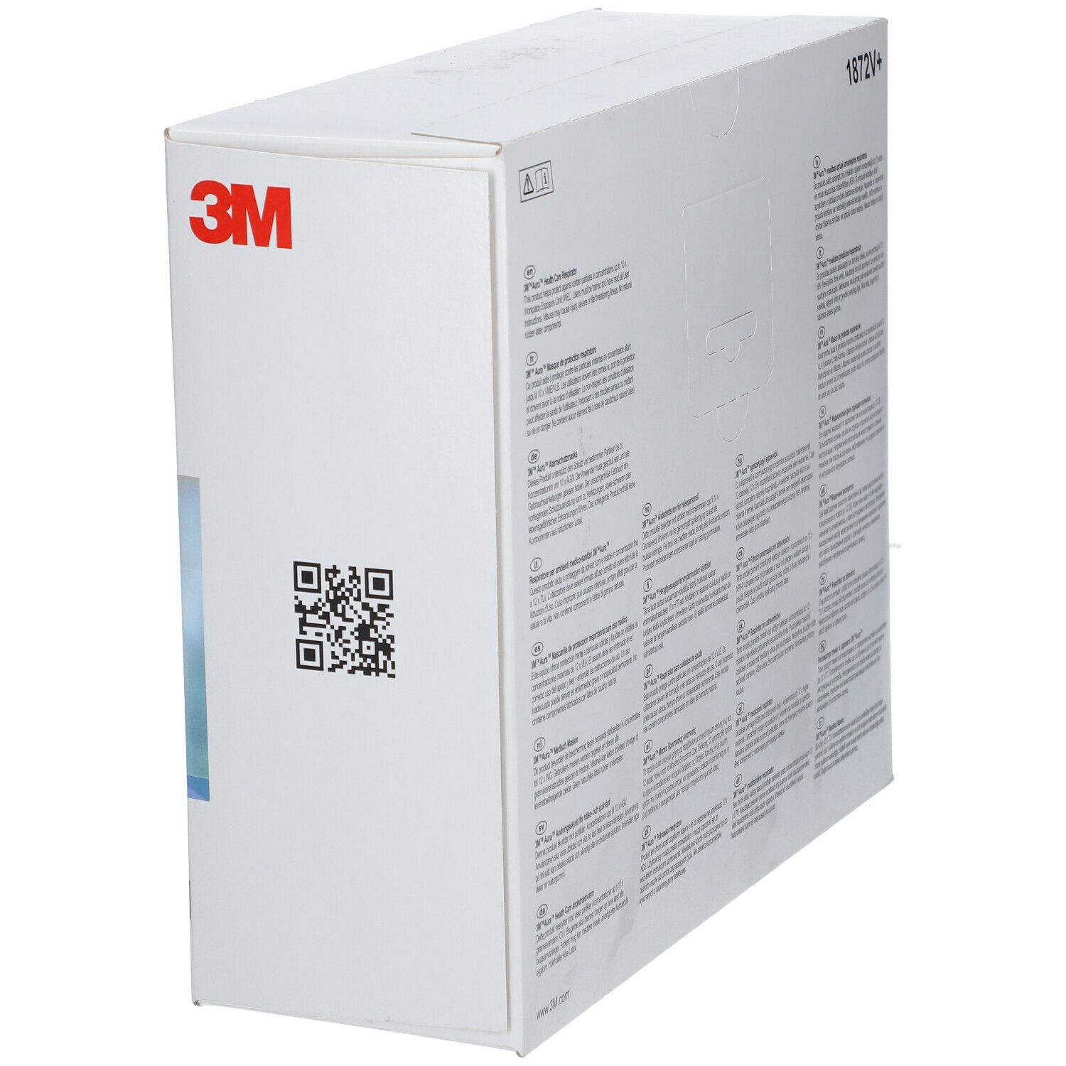 Vue latérale d'une boîte blanche avec code QR et texte. Logo 3M en haut à droite. Désignation : 1872V+.