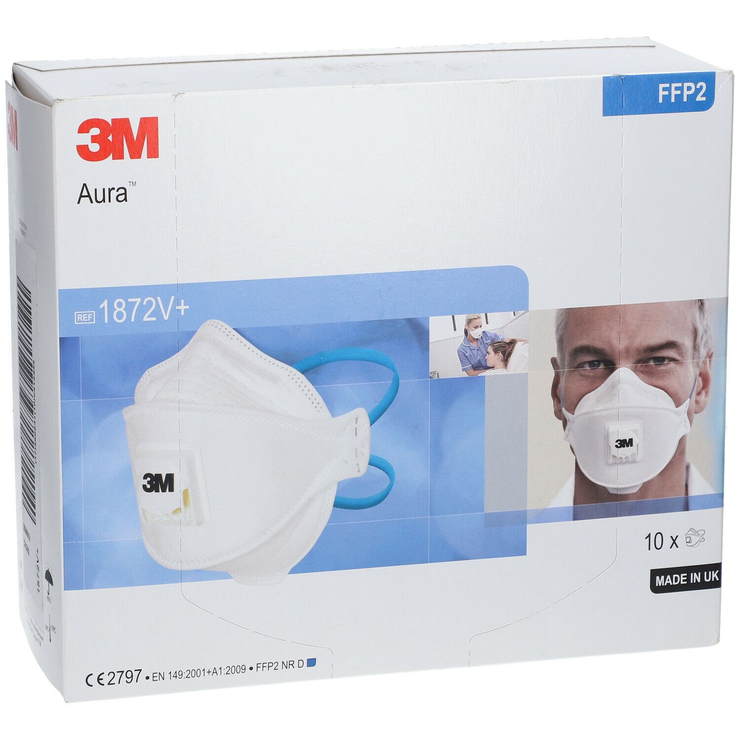 Boîte blanche avec logo 3M et image du produit. Inscriptions : Aura, FFP2, 1872V+, 10 pièces.