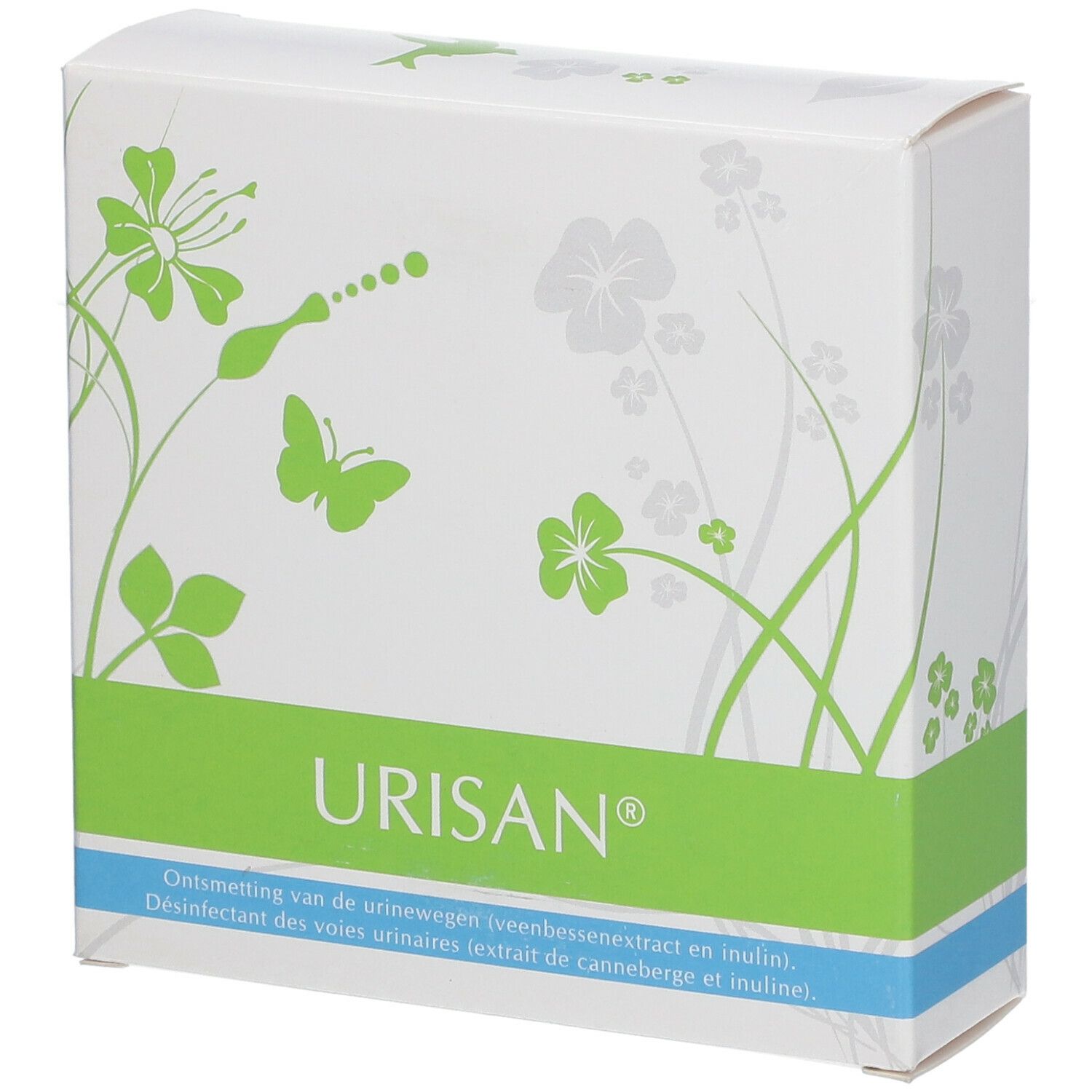 Boîte blanche avec bande verte et illustrations florales. Inscription URISAN®. Texte en néerlandais et français.