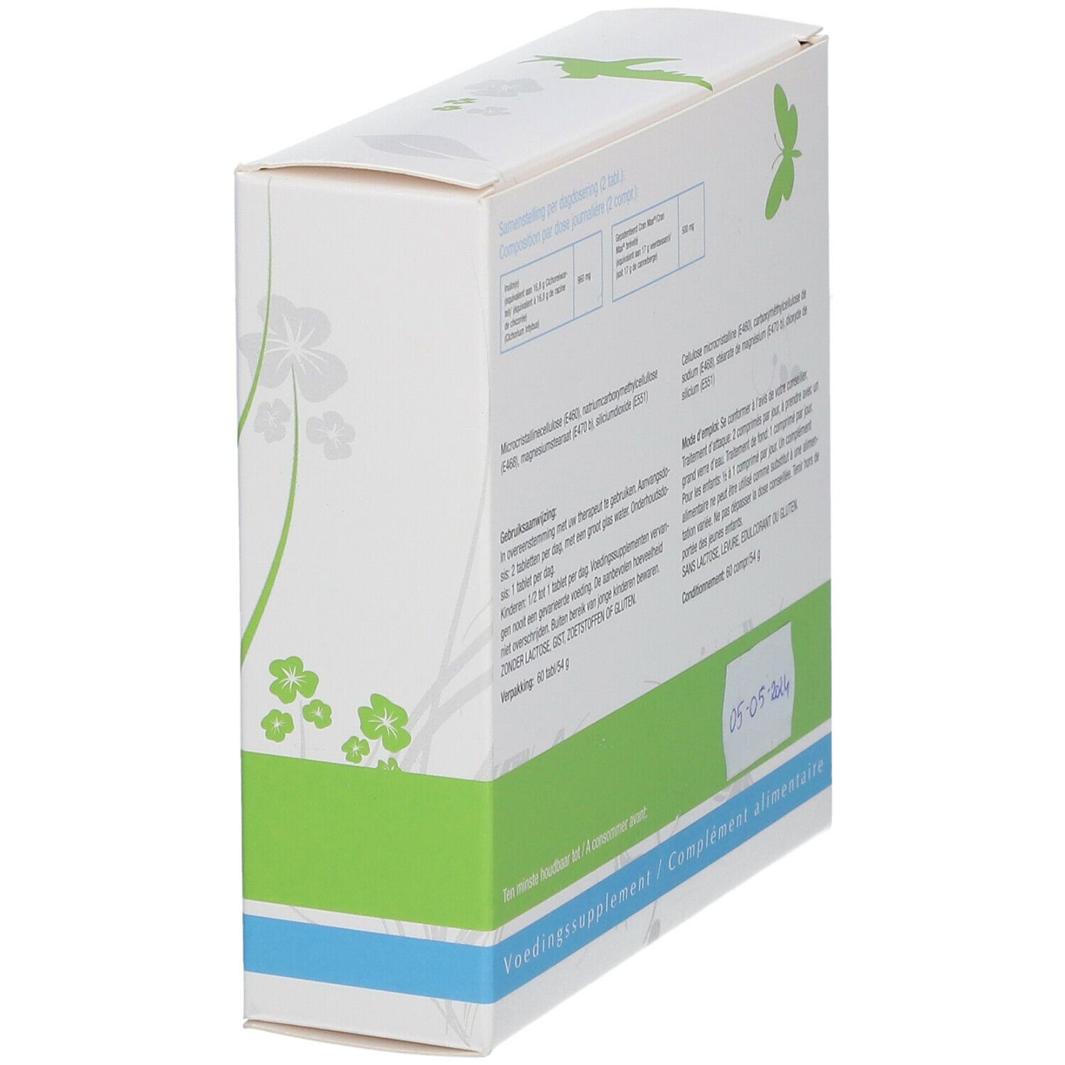 Vue latérale de la boîte blanche. Texte avec ingrédients et instructions d'utilisation. Tampon date 05-05-2024.