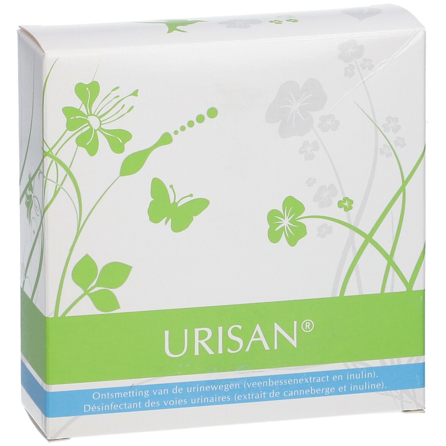 Boîte avec bande verte et illustrations florales. Inscription URISAN®. Texte en néerlandais et français.