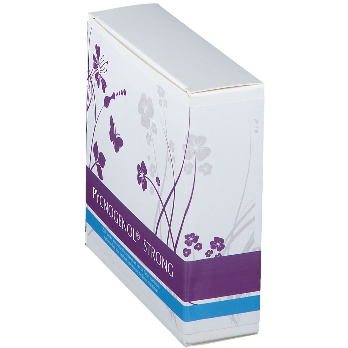 Boîte de PYCNOGENOL® STRONG, vue en biais. Surface blanche avec motifs floraux violets et rayures.