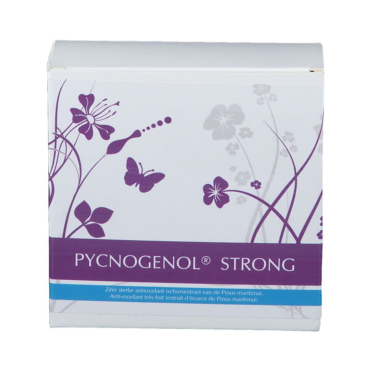 Boîte blanche avec le nom du produit PYCNOGENOL® STRONG. Bandes et motifs floraux violets. Texte en plusieurs langues.