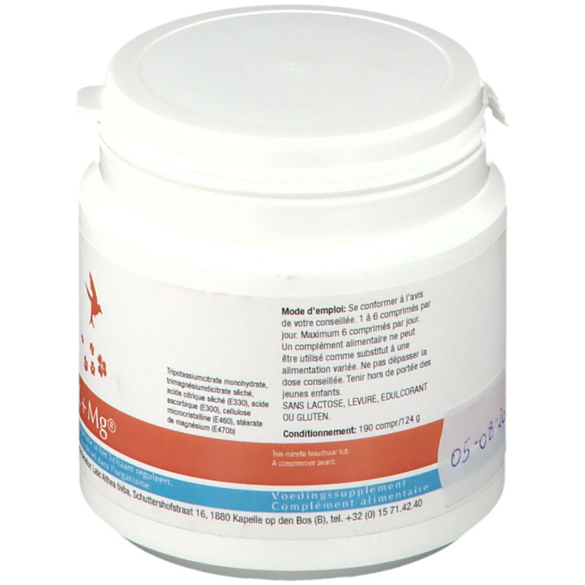 Pot de supplément blanc. Dos avec texte et tampon de date. Contient 190 comprimés/124g. Sans lactose, levure, édulcorant ou gluten.