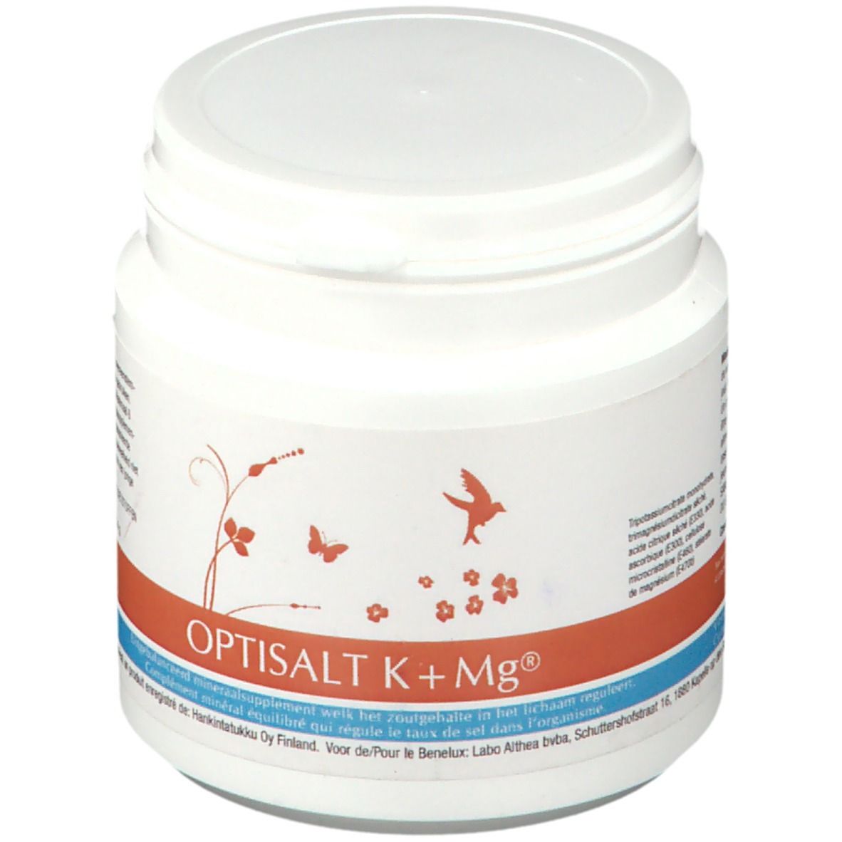 Pot blanc avec bande rouge et bleue. Inscription: Optisalt K + Mg®. Illustrations de fleurs et d'oiseaux.