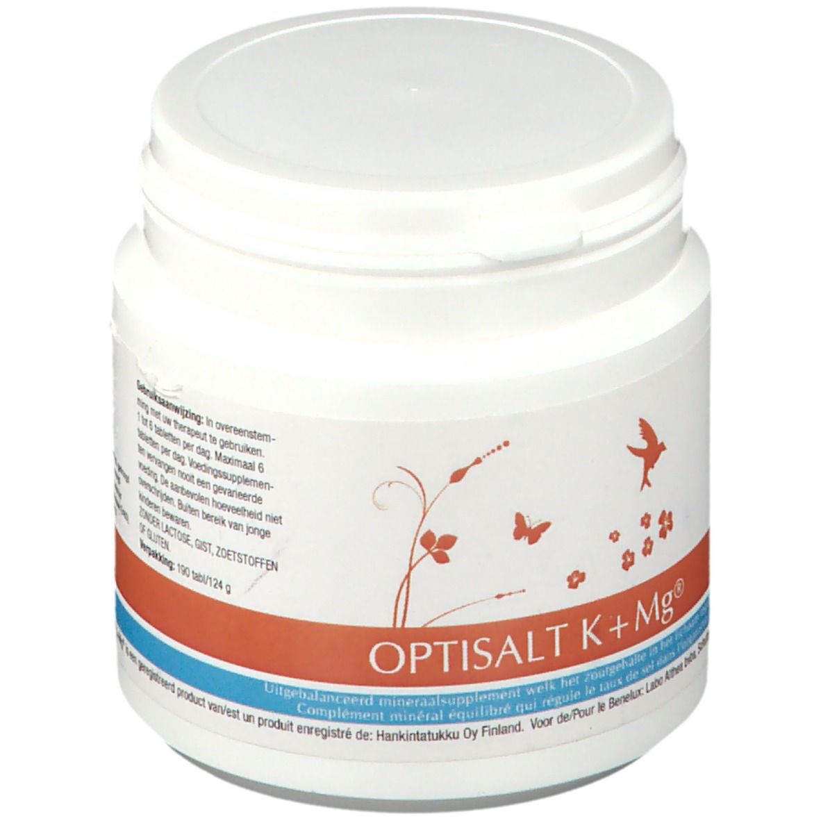 Pot blanc avec bande rouge et bleue. Inscription: Optisalt K + Mg®. Illustrations de fleurs et d'oiseaux.