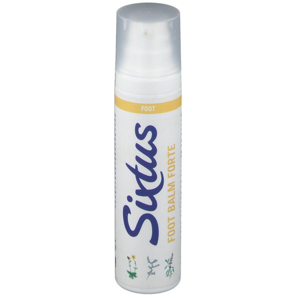 Sixtus Foot Balm Forte. Flacon blanc avec pompe. Écriture bleue : Sixtus, Foot Balm Forte. Bande jaune avec inscription FOOT.