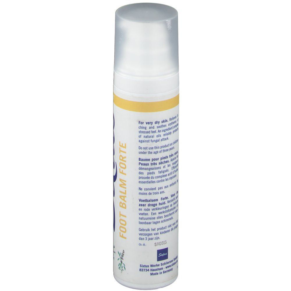 Dos du flacon Sixtus Foot Balm Forte. Texte en allemand, français et néerlandais. Contient des informations sur l'utilisation.