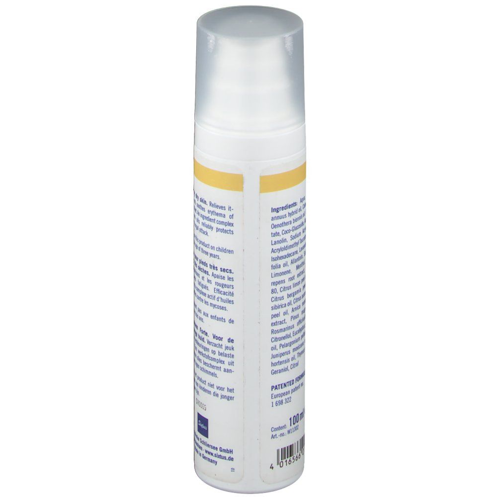 Flacon Sixtus Foot Balm Forte. Dos avec liste des ingrédients en anglais. Contient des informations sur les ingrédients.