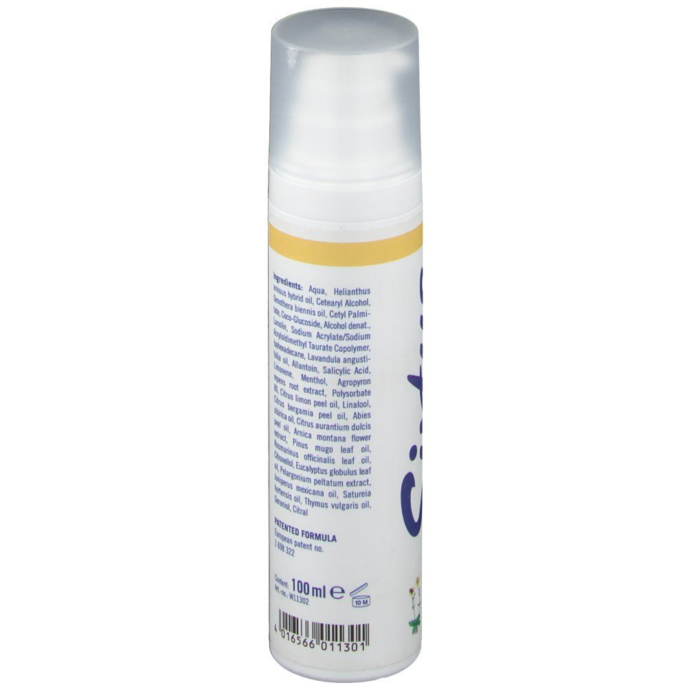 Flacon Sixtus Foot Balm Forte. Dos avec liste des ingrédients en anglais. Contient des informations sur les ingrédients.