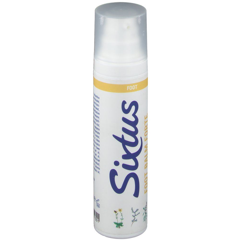 Sixtus Foot Balm Forte. Flacon blanc avec pompe. Écriture bleue : Sixtus, Foot Balm Forte. Bande jaune avec inscription FOOT.
