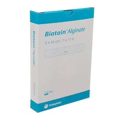 Boîte Biatain Alginate, 3 x 44 cm. Emballage blanc et bleu avec nom du produit et logo Coloplast.
