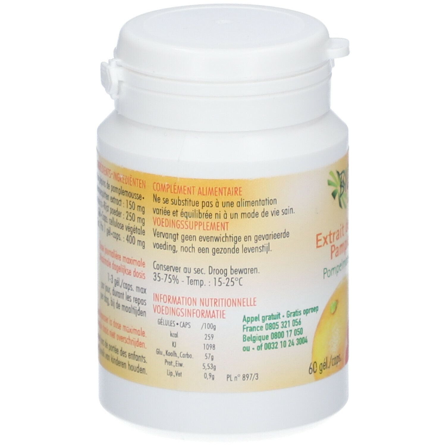 Dos du flacon blanc avec Bioticas® Extrait de pépins de Pamplemousse. Texte: complément alimentaire, Voedingssupplement. Informations nutritionnelles.