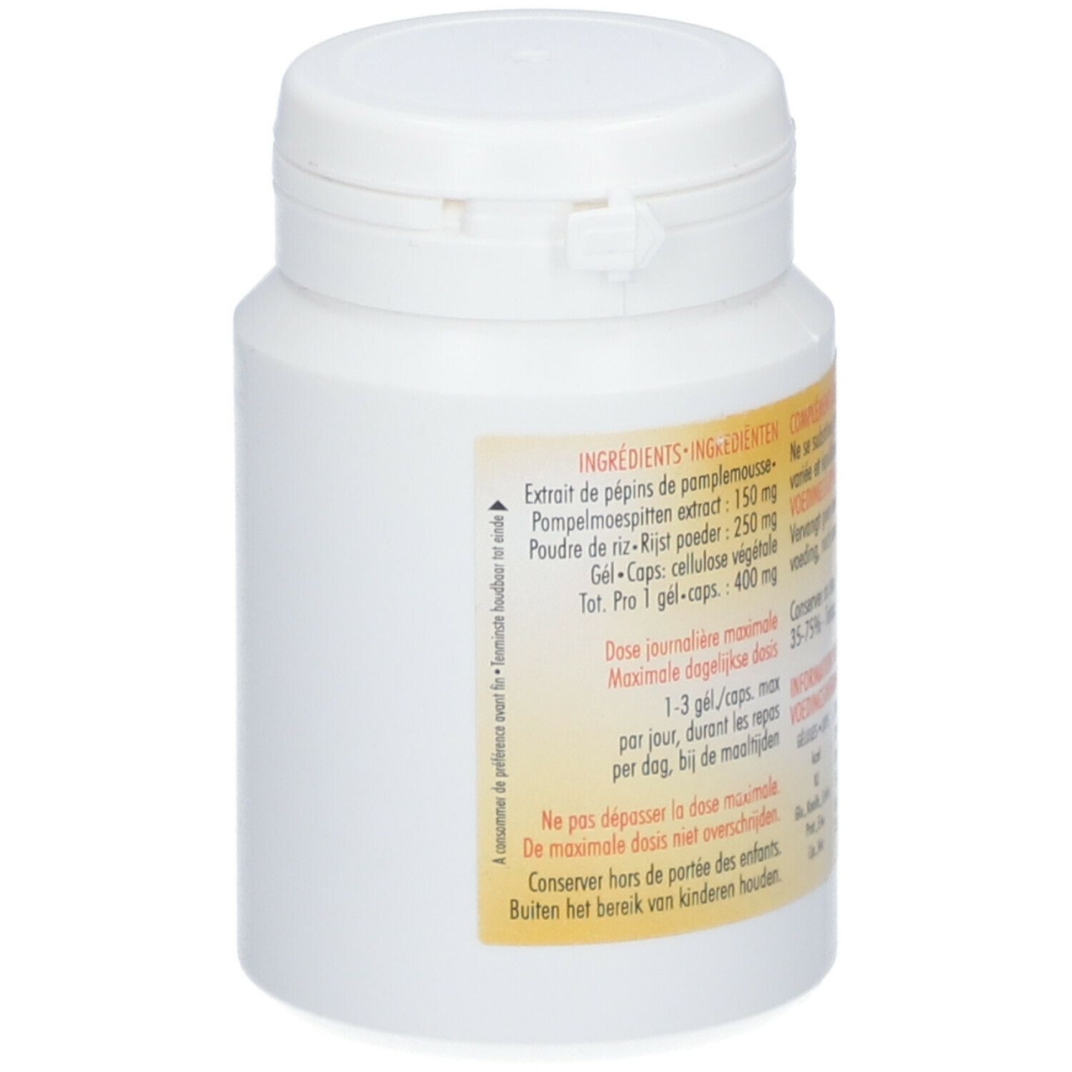 Vue latérale du flacon blanc avec Bioticas® Extrait de pépins de Pamplemousse. Texte: Ingrédients, dose journalière maximale, tenir hors de portée des enfants.