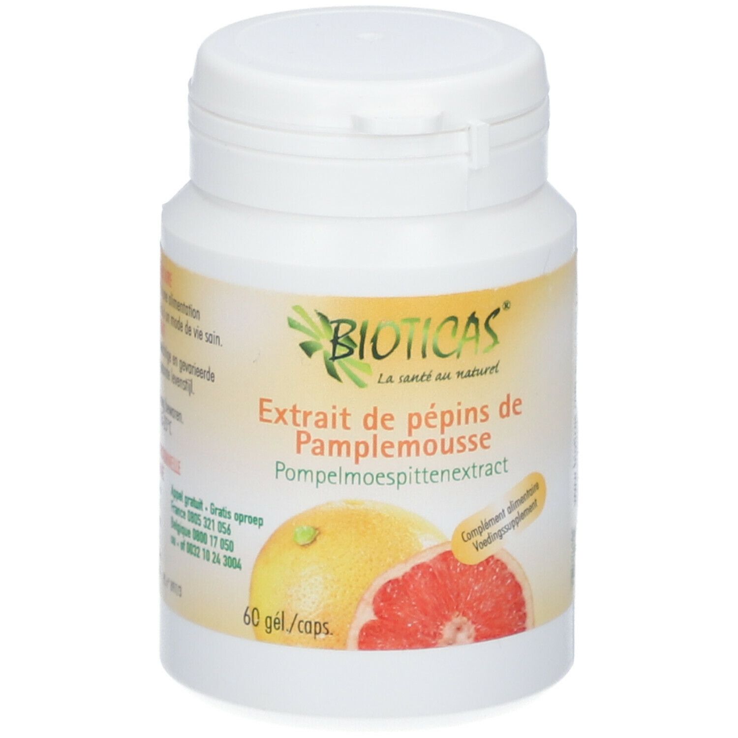 Flacon blanc avec Bioticas® Extrait de pépins de Pamplemousse. Inscription: Extrakt de pépins de Pamplemousse. 60 gél./caps. Image de pamplemousse.