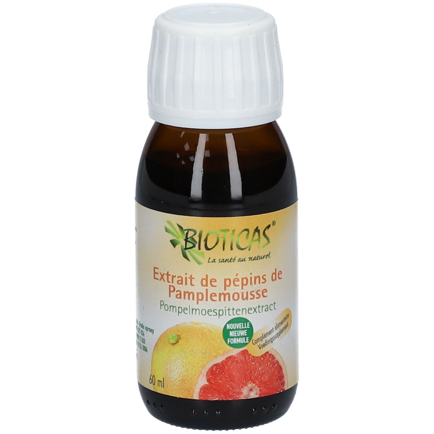 Flacon en verre brun avec bouchon blanc. Inscription: Bioticas, Extrait de pépins de Pamplemousse. Illustration de pamplemousse.
