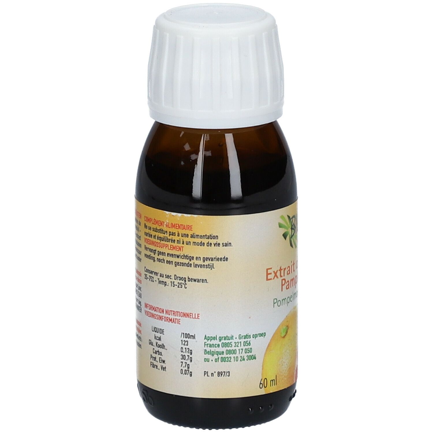 Flacon en verre brun avec bouchon blanc. Dos avec texte et informations nutritionnelles. Inscription: 60 ml.